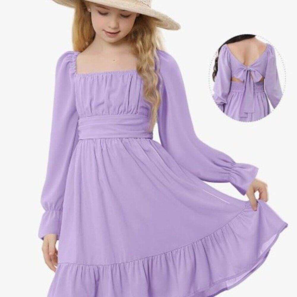 Girls Lavender Cottagecore Dress Puff Sleeve Square Neck Tie Back XXL 12-13Y